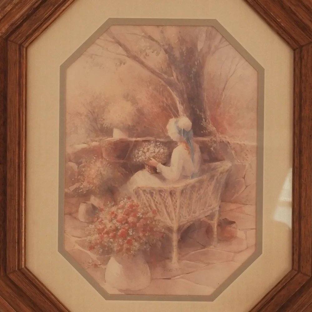 Vintage‎ HOMCO Girl in a Bonnet on Wicker Bench Framed Wall Art 14” x 17” Decor